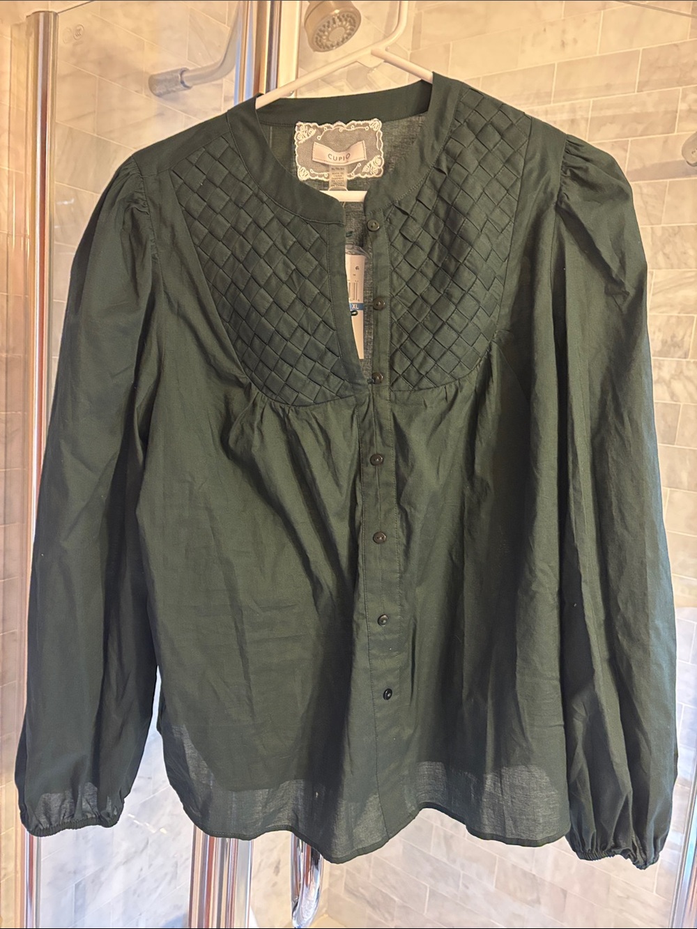 Cupio Green Quilted Yoke Button-Front Blouse